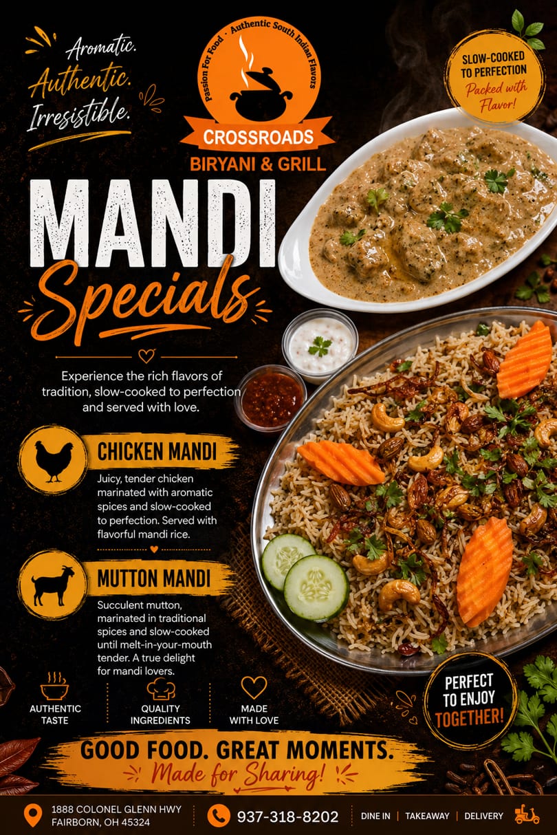 Crossroads Biryani & Grill's Mandi Specials advertisement featuring chicken mandi and mutton mandi dishes.
