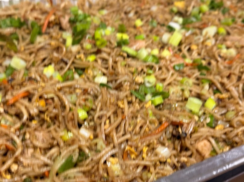 Close-up of a large tray of lo mein noodles with vegetables and green onions.