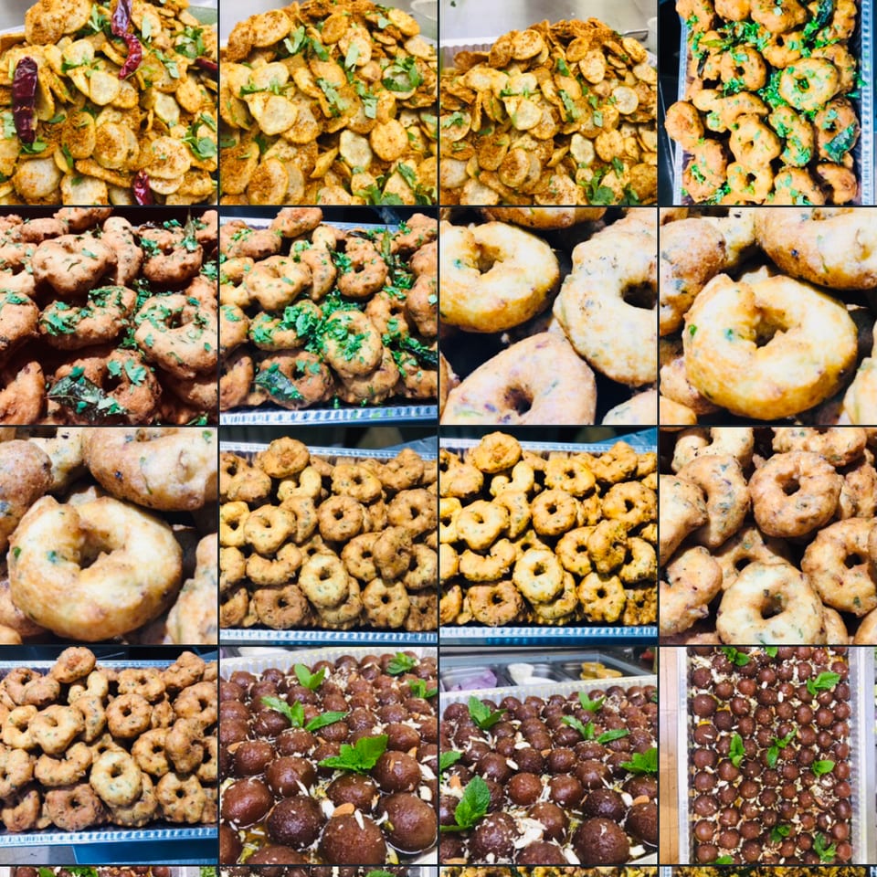 A collage of various Indian snacks and sweets, including crispy chips, savory vadas, and gulab jamun.