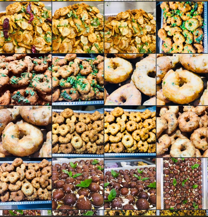 A collage of various Indian snacks and sweets, including crispy chips, savory vadas, and gulab jamun.