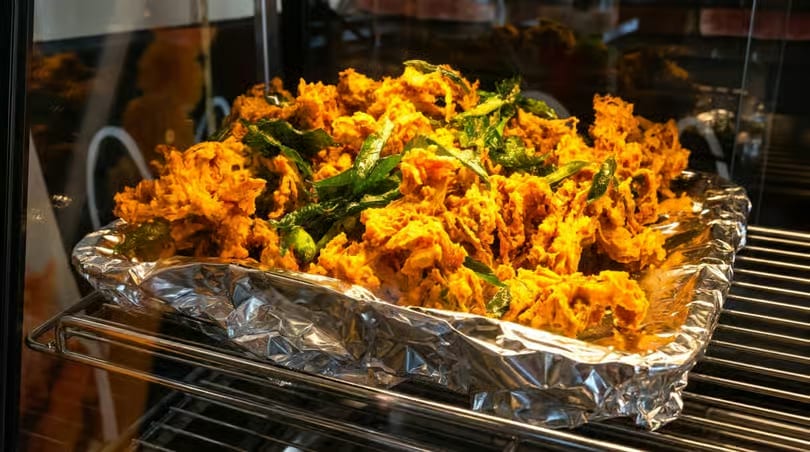 Golden fried pakoras with green herbs, served in a foil-lined tray on a metal rack.