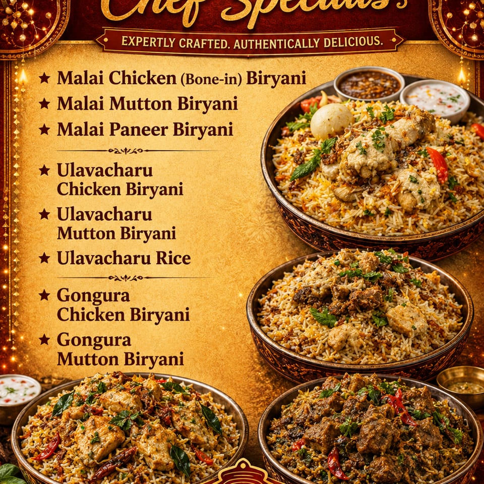 A menu for Crossroads Biryani & Grill, featuring various biryani dishes in ornate bowls.