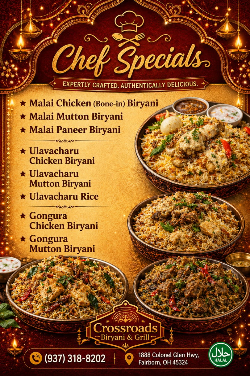 A menu for Crossroads Biryani & Grill, featuring various biryani dishes in ornate bowls.