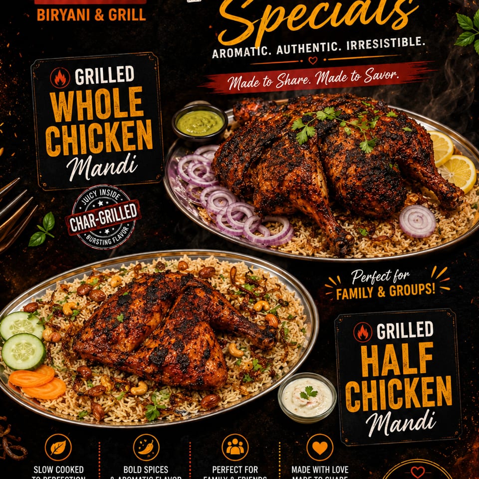 Two platters of grilled chicken Mandi with rice, nuts, and vegetables from Crossroads Biryani & Grill.