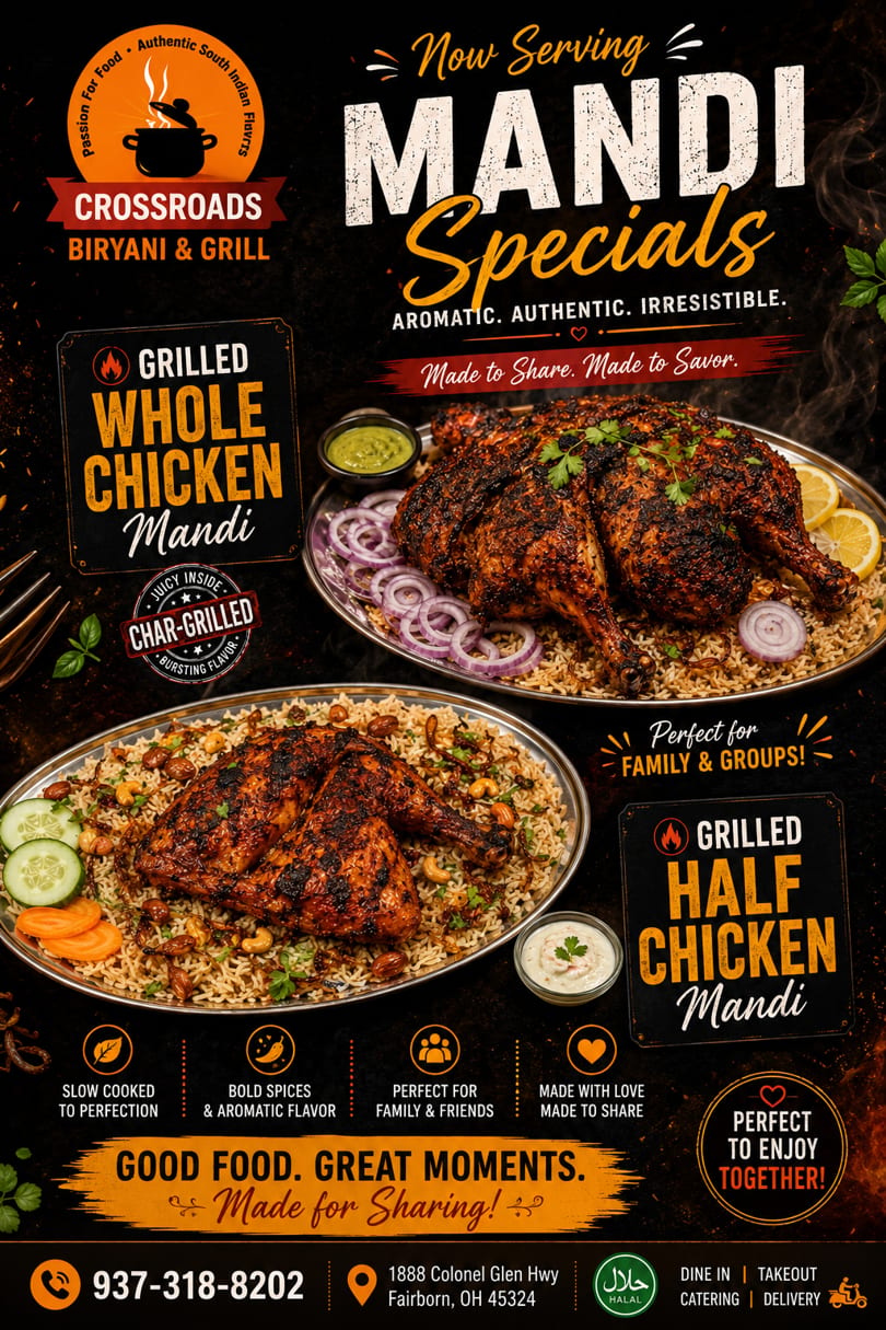 Two platters of grilled chicken Mandi with rice, nuts, and vegetables from Crossroads Biryani & Grill.