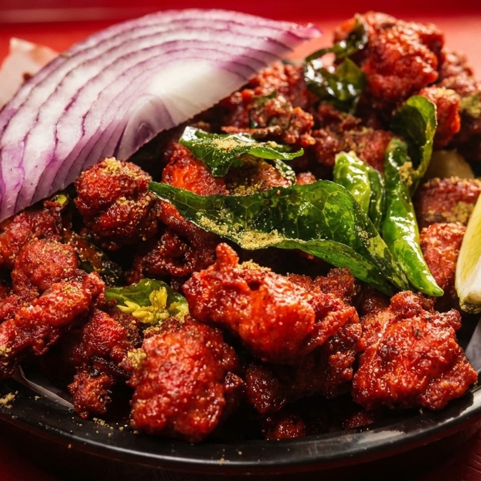 Spicy red chicken 65 with curry leaves, red onion, and a lime wedge on a black plate.